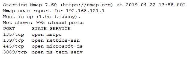 A penetration tester ran an Nmap scan against a target and received the following output:   Which of the following commands would be best for the penetration tester to execute NEXT to discover any weaknesses or vulnerabilities? A)  onesixtyone -d 192.168.121.1 B)  enum4linux -w 192.168.121.1 C)  snmpwalk -c public 192.168.121.1 D)  medusa -h 192.168.121.1 -U users.txt -P passwords.txt -M ssh