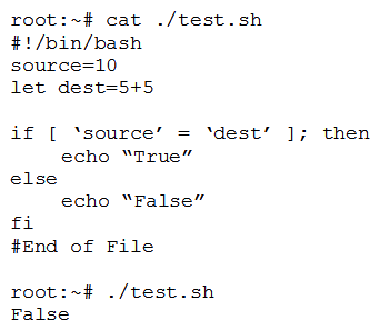 A penetration tester is checking a script to determine why some basic math errors are persisting. The expected result was the program outputting  True .   Given the output from the console above, which of the following explains how to correct the errors in the script? (Choose two.)  A)  Change 'fi' to 'Endli'. B)  Remove the 'let' in front of 'dest=5+5'. C)  Change the '=' to '-eq'. D)  Change 'source' and 'dest' to  $source  and  $dest . E)  Change 'else' to 'elif'.