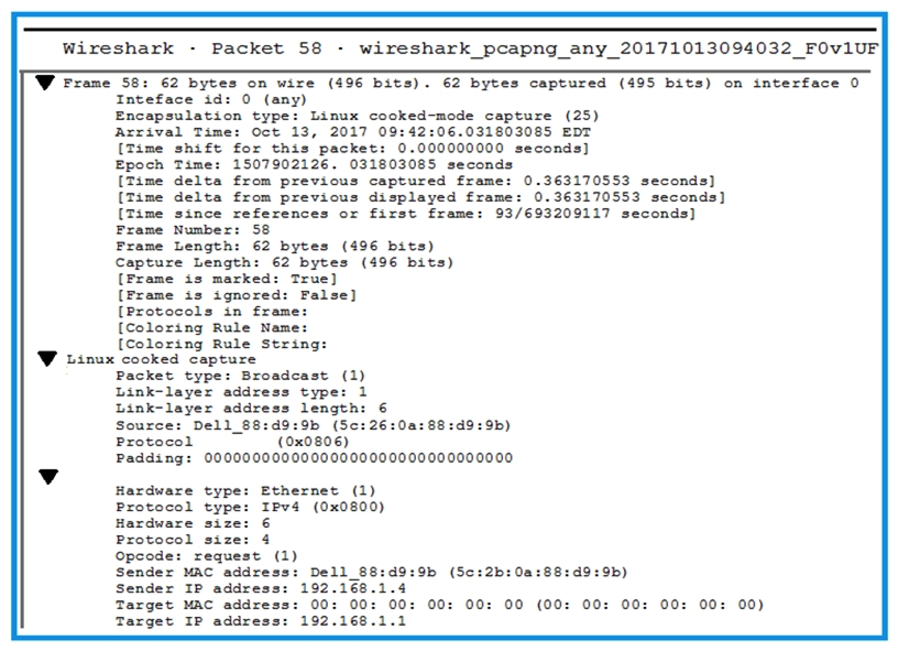 Click the exhibit button.   A penetration tester is performing an assessment when the network administrator shows the tester a packet sample that is causing trouble on the network. Which of the following types of attacks should the tester stop? A)  SNMP brute forcing B)  ARP spoofing C)  DNS cache poisoning D)  SMTP relay