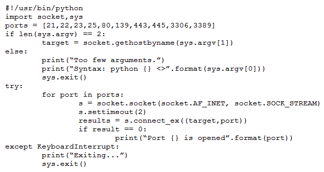 A penetration tester wrote the following script to be used in one engagement:   Which of the following actions will this script perform? A)  Look for open ports. B)  Listen for a reverse shell. C)  Attempt to flood open ports. D)  Create an encrypted tunnel.
