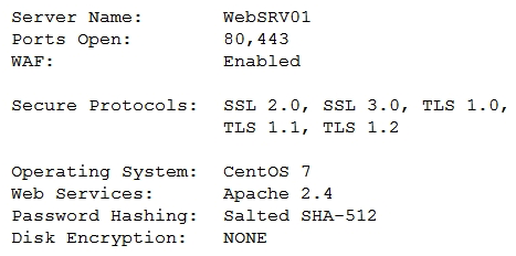 An administrator wants to harden the security on a web server used for e-commerce. A security scanner provides a brief summary of the web server:   The administrator wans to provide better security for data in transit. Which of the following would BEST accomplish this? A)  Disable SSL 2.0 and 3.0 B)  Use a more secure password hashing algorithm. C)  Enable disk encryption. D)  Upgrade the OS to a newer version. E)  Upgrade the web service to a newer version.