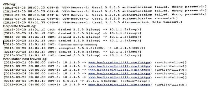 A remote user (User1)  is unable to reach a newly provisioned corporate windows workstation. The system administrator has been given the following log files from the VPN, corporate firewall and workstation host.   Which of the following is preventing the remote user from being able to access the workstation? A)  Network latency is causing remote desktop service request to time out B)  User1 has been locked out due to too many failed passwords C)  Lack of network time synchronization is causing authentication mismatches D)  The workstation has been compromised and is accessing known malware sites E)  The workstation host firewall is not allowing remote desktop connections