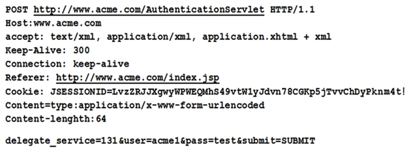 A security, who is analyzing the security of the company's web server, receives the following output:   Which of the following is the issue? A)  Code signing B)  Stored procedures C)  Access violations D)  Unencrypted credentials