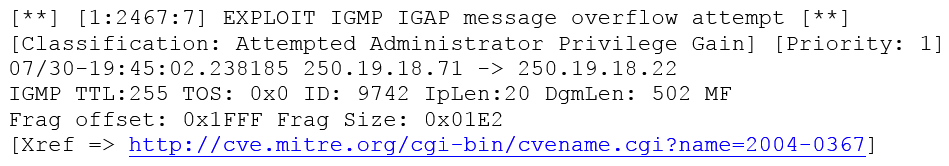 A security analyst is reviewing the following output from an IPS:   Given this output, which of the following can be concluded? (Choose two.)  A)  The source IP of the attack is coming from 250.19.18.22. B)  The source IP of the attack is coming from 250.19.18.71. C)  The attacker sent a malformed IGAP packet, triggering the alert. D)  The attacker sent a malformed TCP packet, triggering the alert. E)  The TTL value is outside of the expected range, triggering the alert.