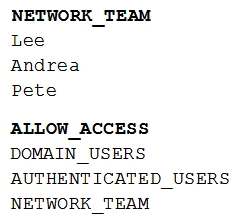 A technician has installed a new AAA server, which will be used by the network team to control access to a company's routers and switches. The technician completes the configuration by adding the network team members to the NETWORK_TEAM group, and then adding the NETWORK_TEAM group to the appropriate ALLOW_ACCESS access list. Only members of the network team should have access to the company's routers and switches.   Members of the network team successfully test their ability to log on to various network devices configured to use the AAA server. Weeks later, an auditor asks to review the following access log sample:   Which of the following should the auditor recommend based on the above information? A)  Configure the ALLOW_ACCESS group logic to use AND rather than OR. B)  Move the NETWORK_TEAM group to the top of the ALLOW_ACCESS access list. C)  Disable groups nesting for the ALLOW_ACCESS group in the AAA server. D)  Remove the DOMAIN_USERS group from ALLOW_ACCESS group.