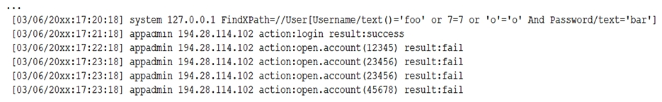 A security analyst receives a SIEM alert that someone logged in to the appadmin test account, which is only used for the early detection of attacks. The security analyst then reviews the following application log:   Which of the following can the security analyst conclude? A)  A replay attack is being conducted against the application. B)  An injection attack is being conducted against a user authentication system. C)  A service account password may have been changed, resulting in continuous failed logins within the application. D)  A credentialed vulnerability scanner attack is testing several CVEs against the application.