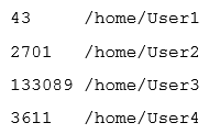 A Linux administrator must identify a user with high disk usage. The administrator runs the # du -s /home/* command and gets the following output:   Based on the output, User3 has the largest amount of disk space used. To clean up the file space, the administrator needs to find out more information about the specific files that are using the most disk space. Which of the following commands will accomplish this task? A)  df -k /home/User3/files.txt B)  du -a /home/User3/* C)  du -sh /home/ User / D)  find . -name /home/User3 -print