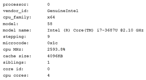 A junior Linux administrator is installing a new application with CPU architecture requirements that have the following specifications: x64 bit 3.0GHz speed Minimum quad core The administrator wants to leverage existing equipment but is unsure whether the requirements of these systems are adequate. The administrator issues the following command cat  /proc/cpuinfo . The output of the command is as follows:   Which of the following is the recommended course of action the administrator should take based on this output? A)  Install the application, as the system meets the application requirements B)  Procure new equipment that matches the recommended specifications C)  Recompile the Linux kernel to support the installation. D)  Reconfigure lib modules to support the new application. Reconfigure lib modules to support the new application.