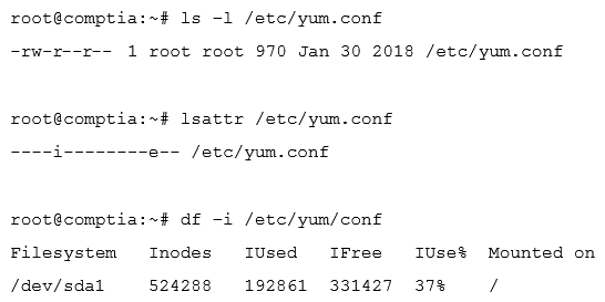 Ann, a junior systems administrator, is required to add a line to the /etc/yum.conf file. However, she receives the following error message when she tries to add the line:   Ann performs some diagnostics to attempt to find the root cause:   Which of the following commands should Ann execute to write content to /etc/yum ? A)  chmod 755 /etc/yum.conf B)  setfacl -m m:rw /etc/yum.conf C)  chattr -i /etc/yum.conf D)  setenforce 0