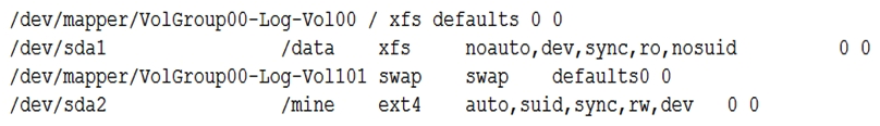 A junior systems administrator created a new filesystem /dev/sda1 with mountpoint /data and added it to the /etc/fstab for auto-mounting. When the systems administrator tries to mount the file system, the system refuses. Given the output below:   Which of the following steps is necessary? A)  Change the filesystem from /dev/sda1 to /dev/sda2 and reboot. Change the filesystem from to /dev/sda2 and reboot. B)  Change the options to auto,dev,sync,rw,nosuid and run the mount -a command. Change the options to auto,dev,sync,rw,nosuid and run the mount -a command. C)  Change the mount point to data and reboot. D)  Change the dump column to 1 and run the mount -a command. Change the dump column to 1 and run the