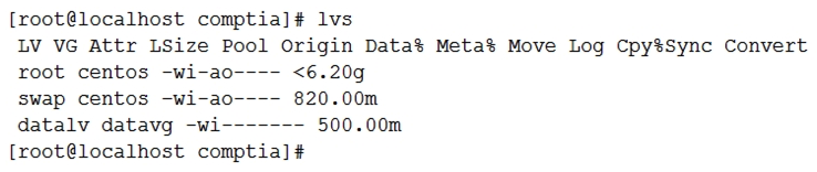 An administrator is troubleshooting an application that has failed to start after the server was rebooted. Noticing the data volume is not mounted, the administrator attempts to mount it and receives this error:   Upon checking the logical volume status, the administrator receives this information:   Which of the following can be said about the data logical volume, and how can this problem be resolved? A)  The logical volume is not active. The administrator should make it active with lvchange -ay /dev/datavg/datalv and then mount it. The logical volume is not active. The administrator should make it active with lvchange -ay /dev/datavg/datalv and then mount it. B)  The logical volume file system has become corrupted. The administrator should repair it with xfs_repair /dev/datavg/datalv and then mount it. The logical volume file system has become corrupted. The administrator should repair it with xfs_repair /dev/datavg/datalv C)  The logical volume is OK but the /dev special files are missing. The administrator should recreate them by running /dev/MAKEDEV . The logical volume is OK but the /dev special files are missing. The administrator should recreate them by running /dev/MAKEDEV . D)  The file system is read-only. The administrator should remount it as read-write with the command mount -o remount.rw /data . The file system is read-only. The administrator should remount it as read-write with the command mount -o remount.rw /data