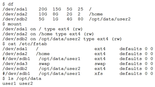 Joe, a user, reports there is data missing after a reboot of the system he is using. The data he was working on was located in /opt/data/ user 1 . A Linux administrator runs the following commands and receives the resulting output.   Which of the following should the administrator perform to resolve the issue? A)  The administrator can conclude Joe no longer has permissions to his data and needs to change the data ownership to Joe. B)  The administrator can conclude the data is gone from the system and needs to be restored from a backup. C)  The administrator can conclude Joe has been using the wrong folder and should be using /opt/data /user2 . The administrator can conclude Joe has been using the wrong folder and should be using /opt/data/user 2 . D)  The administrator can conclude the drive is not mounted properly and should be remounted.