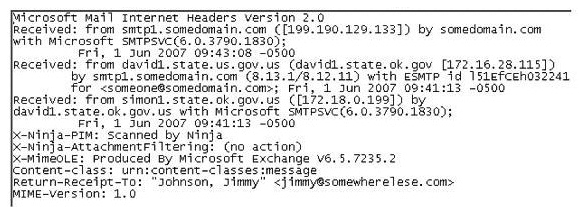 In the following email header, where did the email first originate from?   A)  Somedomain.com B)  Smtp1.somedomain.com C)  Simon1.state.ok.gov.us D)  David1.state.ok.gov.us