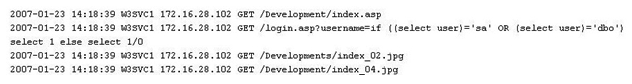 While looking through the IIS log file of a web server, you find the following entries:   What is evident from this log file? A)  Web bugs B)  Cross site scripting C)  Hidden fields D)  SQL injection is possible