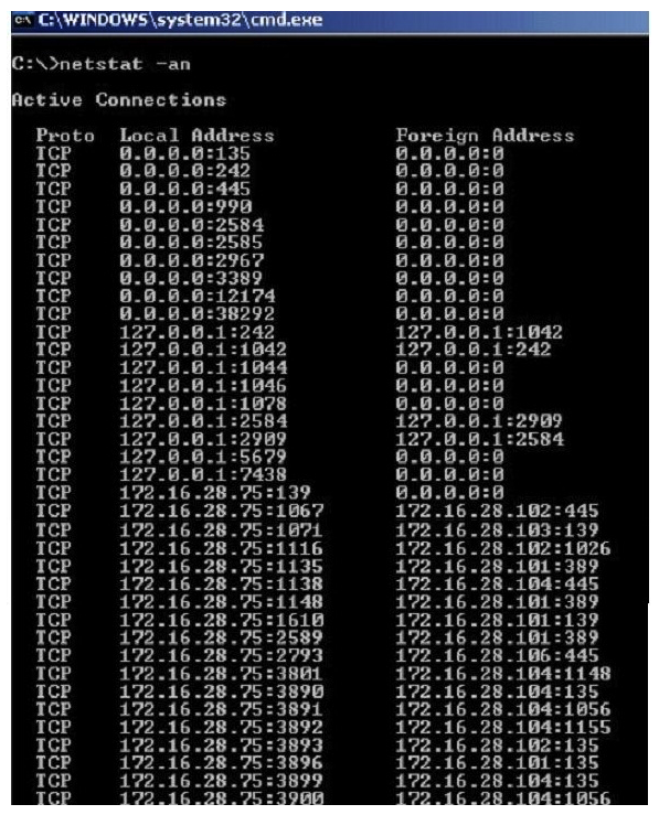 <strong>Jack Smith is a forensics investigator who works for Mason Computer Investigation Services. He is investigating a computer that was infected by Ramen Virus.   He runs the netstat command on the machine to see its current connections. In the following screenshot, what do the 0.0.0.0 IP addresses signify?  </strong> A) Those connections are established B) Those connections are in listening mode C) Those connections are in closed/waiting mode D) Those connections are in timed out/waiting mode <div style=padding-top: 35px> 