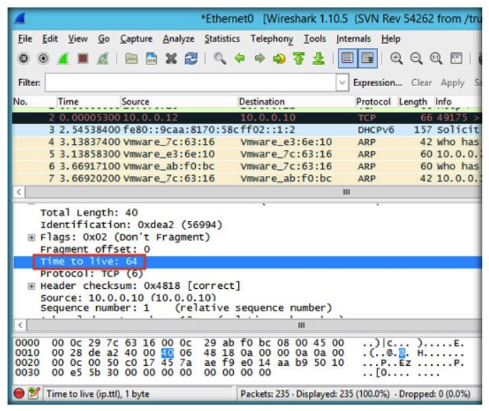 Smith, a pen tester, has been hired to analyze the security posture of an organization and is trying to find the operating systems used in the network using Wireshark. What can be inferred about selected packet in the Wireshark screenshot below?   A)  The machine with IP 10.0.0.10 is running on Linux B)  The machine with IP 10.0.0.12 is running on Linux C)  The machine with IP 10.0.0.12 is running on Windows D)  The machine with IP10.0.0.10 is running on Windows