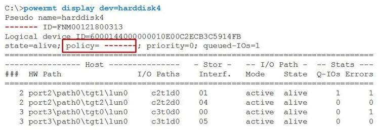 Refer to the exhibit.   A customer is moving some VMAX devices under a VPLEX Local and is using PowerPath as multipath software. What is the preferred PowerPath load balancing policy assigned to VPLEX volumes? A)  Fixed B)  Adaptive C)  Round Robin D)  SymOpt