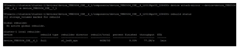 Refer to the exhibit.   After the  attach-mirror  command is successfully executed on device  device_VNX0506_CSE__6_1 , the command  rebuild-status  shows an ongoing rebuild process on the same device. What is a possible cause? A)  It is a normal behavior. when attaching a mirror, a rebuild process starts. B)  The device  device_VNX0506_CSE__6_1  has an ongoing rebuild process for a previous failure. C)  The rebuild process is related to a director failure. D)  The device mirror will start only after the rebuild process is completed.