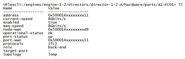 Refer to the exhibit.   You are implementing a VPLEX Metro configuration, and some BE ports are not logged into the fabric. Which VPLEX command should be performed? A)  set topology p2p B)  set enabled=true C)  set topology loop D)  set port speed