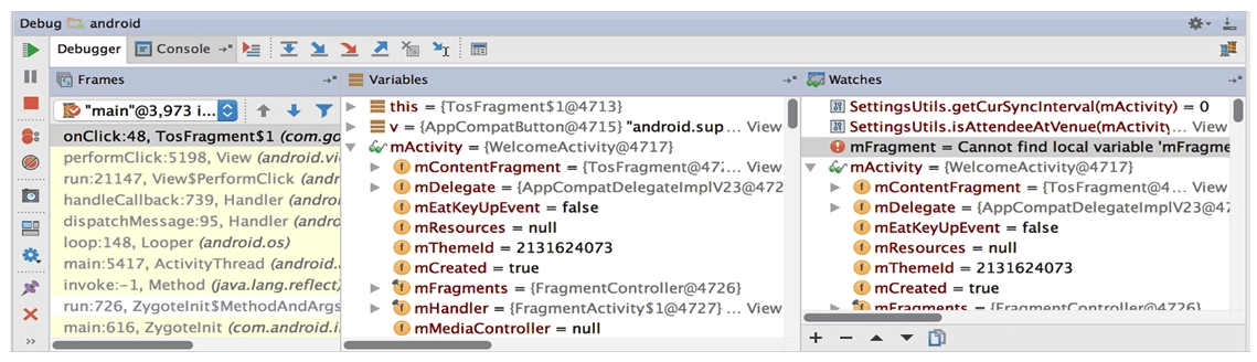   What is illustrated in the picture? A)  Logcat window with filter settings B)  Debugging native code using LLDB C)  The Variables and Watches panes in the Debugger window D)  The Breakpoints window lists all the current breakpoints and includes behavior settings for each E)  Adding a watchpoint to a variable in memory