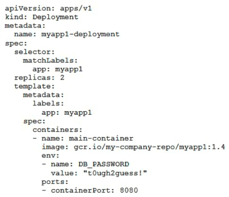 You've deployed a microservice called myapp1 to a Google Kubernetes Engine cluster using the YAML file specified below:   You need to refactor this configuration so that the database password is not stored in plain text. You want to follow Google-recommended practices. What should you do? A)  Store the database password inside the Docker image of the container, not in the YAML file. B)  Store the database password inside a Secret object. Modify the YAML file to populate the DB_PASSWORD environment variable from the Secret. C)  Store the database password inside a ConfigMap object. Modify the YAML file to populate the DB_PASSWORD environment variable from the ConfigMap. D)  Store the database password in a file inside a Kubernetes persistent volume, and use a persistent volume claim to mount the volume to the container.