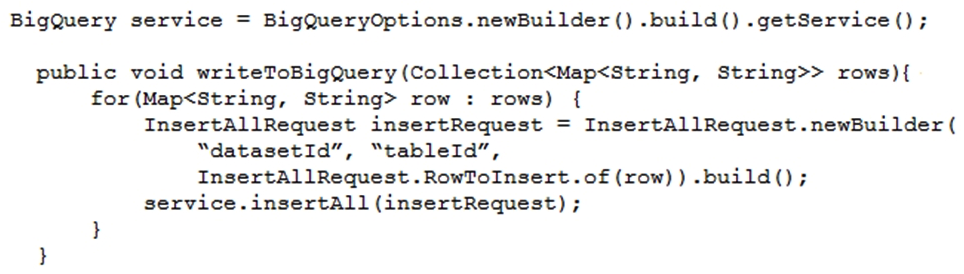 <strong>Your teammate has asked you to review the code below. Its purpose is to efficiently add a large number of small rows to a BigQuery table. Which improvement should you suggest your teammate make?</strong> A) Include multiple rows with each request. B) Perform the inserts in parallel by creating multiple threads. C) Write each row to a Cloud Storage object, then load into BigQuery. D) Write each row to a Cloud Storage object in parallel, then load into BigQuery.