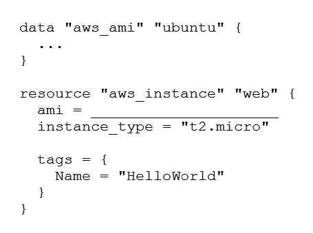 Examine the following Terraform configuration, which uses the data source for an AWS AMI. What value should you enter for the ami argument in the AWS instance resource?   A)  aws_ami.ubuntu B)  data.aws_ami.ubuntu C)  data.aws_ami.ubuntu.id D)  aws_ami.ubuntu.id