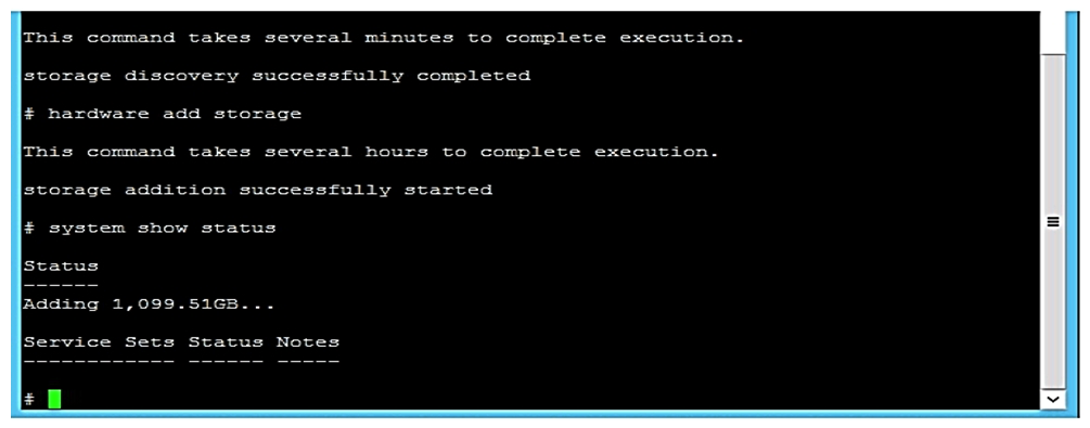 Refer to the exhibit.   A storage integrator is deploying an HPE StoreOnce VSA. Which command can be used to find available storage capacity before it can be added in the StoreOnce console? A)  hardware setup storage B)  hardware run setup C)  hardware discover storage D)  hardware discover disks