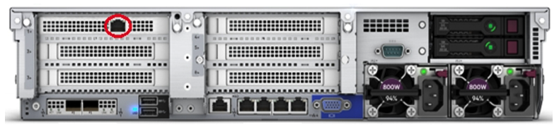 Refer to the exhibit.   You are presenting an HPE SimpliVity solution to a customer. When looking at the hardware details, the customer asks about the connectivity options at the back of the HPE SimpliVity node. Which answer should you give about the port highlighted in the exhibit? A)  This port is used for the Federation traffic between the HPE SimpliVity nodes. B)  This port is the iLO port and should be connected to the management network. C)  This port is used for diagnostics and should not be used for daily operations. D)  This port is used for the Storage network and should be connected to the dedicated storage network switches.