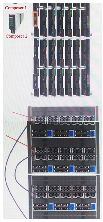   A customer has received a second frame for their HPE Synergy environment. The customer has added the second frame to the rack and correctly cabled the power and management ring. Based on the design shown, which changes need to be made to the configuration to ensure high availability? (Choose two.)  A)  Split the management uplinks across both frames B)  Configure high availability in vCenter for the HPE OneView appliance C)  Configure high availability on the Frame Link Modules D)  Enable high availability in the Settings of the Composer E)  Move one of the Composers to the second frame