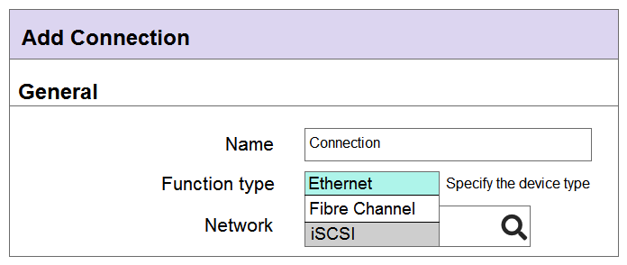 Refer to the exhibit.   An integrator needs to add an FCoE connection to the server profile, but the FCoE connection type is not available. What is the likely cause of this issue? A)  FCoE capable interconnect modules are not installed in the Synergy frame B)  Defined FCoE network is not associated with a SAN or does not have VLAN Id defined C)  A FCoE connection is not available, as there is no LIG configured for FCoE connectivity D)  The FCoE connection has not been added as a Fibre Channel connection within a server profile