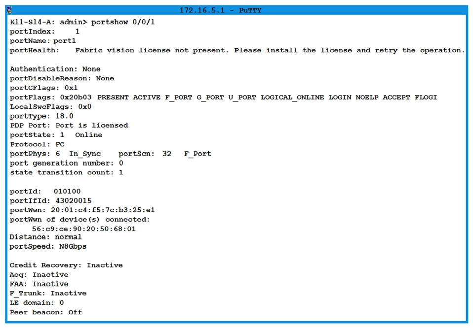 Refer to the exhibit.   The information shown is displayed for a Nimble array you are installing. The customer's administrator has asked you for the speed at which the Nimble ports are connecting to their SAN switches, and you have run the command shown to determine the number of gigabits per second used by this port connection. What speed does the exhibit indicate is in use? A)  18 B)  32 C)  6 D)  8