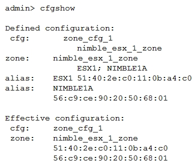 Refer to the exhibit.   When performing a code upgrade on an HPE Nimble array, you noticed a connection failure on ESX1. Refer to the exhibit showing the complete zoning configuration of one of the HPE SN3000B switches. What should you do to ensure storage access is not interrupted when doing the next update? A)  Create and ISL between the two HPE SN3000B switches. B)  Create a new zone for ESX1 and the second storage controller. C)  Change the timeout values on the SN3000B switch. D)  Configure the same zone on a second HPE SN3000B.