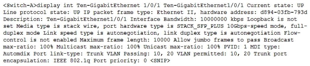 Refer to the exhibit.   An administrator connected a hypervisor to interface Ten-GigabitEthernet1/0/1 in a switch. The administrator created virtual machines in VLAN 10 and 20 on the hypervisor. VLAN 10 is configured to be tagged, and VLAN 20 is configured to be untagged on the hypervisor. The administrator found that all the virtual machines in VLAN 20 can communicate with each other, but not with any virtual machines on VLAN 20 external to the hypervisor. Given the output in the exhibit, what should you do to resolve the issue? A)  Permit VLAN 1 on the interface. B)  Configure the PVID of the interface to be VLAN 20. C)  Configure the interface as an access port. D)  Configure the interface as an IRF port.