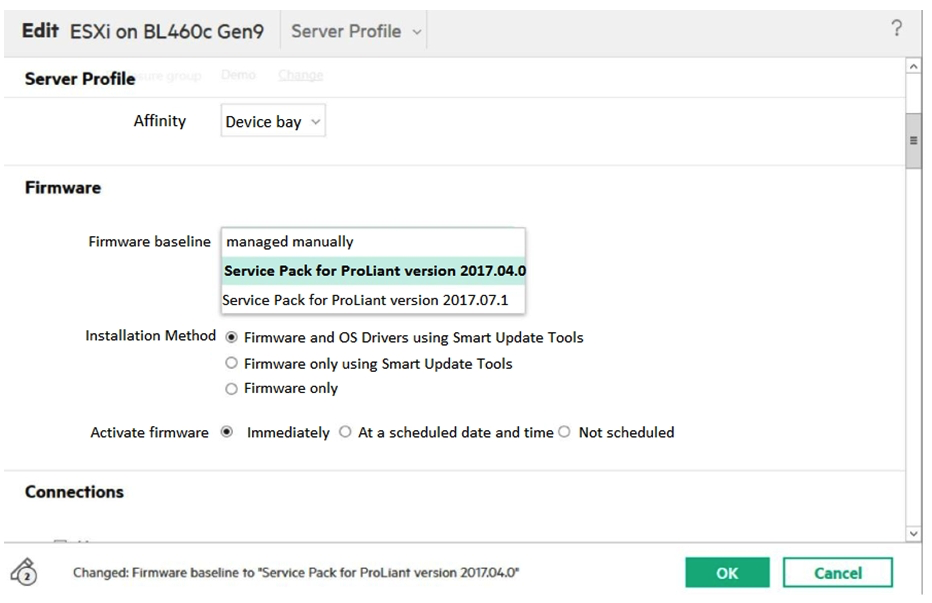 A customer is performing lifecycle management on their existing ESXi cluster. They edit the Server Profile Template for the ESXi cluster.   What will happen to all of the server profiles associated with the template after selecting the  Service Pack for HPE ProLiant 2017.07.1  and clicking OK? A)  All server profiles associated with the template will be marked as inconsistent with the template B)  All server hardware associated with the profiles will immediately do a graceful shutdown and boot into Intelligent Provisioning to update the firmware C)  HPE OneView for vCenter will launch vCenter Update manager to begin updating the systems within the ESXi cluster D)  The Smart Update Tools will immediately begin to update the firmware and drivers on the systems while the ESXi hosts are still online