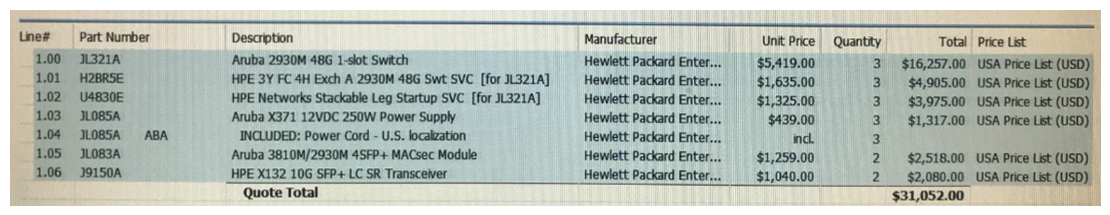 Refer to the exhibit. Exhibit 1.   Exhibit 2.   Exhibit 1 shows the logical plan, and Exhibit 2 shows the BOM that the administrator has made in Iris. What is missing from the IRIS BOM? A)  stacking modules and cables B)  stacking licenses C)  10 GbE direct attach cables D)  an uplink module for one of the switches