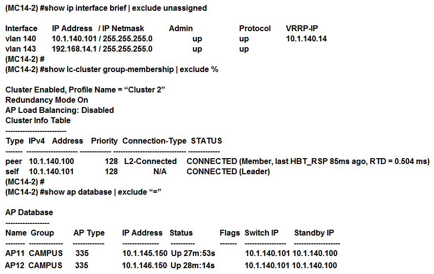 Refer to the exhibits. Exhibit 1   Exhibit 2   A network administrator deploys a test environment with two Mobility Masters (MMs) , two two-member Mobility Controller (MC)  clusters, and two CAPs, with the intention of testing several ArubaOS features, Cluster members run VRRP for AP boot redundancy. Based on the information shown in the exhibits, what is the current status of the APs? A)  APs are currently communicating with LMS IP, and 10.1.140.100 is S-AAC. B)  APs are currently communicating with BLMS IP, and 10.1.140.101 is A-AAC. C)  APs are currently communicating with BLMS IP, and 10.1.140.101 is S-AAC. D)  APs are currently communicating with BLMS IP, and 10.1.140.100 is A-AAC.