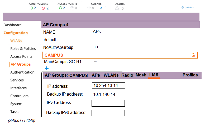 Refer to the exhibits. Exhibit 1   Exhibit 2   A network administrator deploys a test environment with two Mobility Masters (MMs) , two two-member Mobility Controller (MC)  clusters, and two CAPs, with the intention of testing several ArubaOS features, Cluster members run VRRP for AP boot redundancy. Based on the information shown in the exhibits, what is the current status of the APs? A)  APs are currently communicating with LMS IP, and 10.1.140.100 is S-AAC. B)  APs are currently communicating with BLMS IP, and 10.1.140.101 is A-AAC. C)  APs are currently communicating with BLMS IP, and 10.1.140.101 is S-AAC. D)  APs are currently communicating with BLMS IP, and 10.1.140.100 is A-AAC.