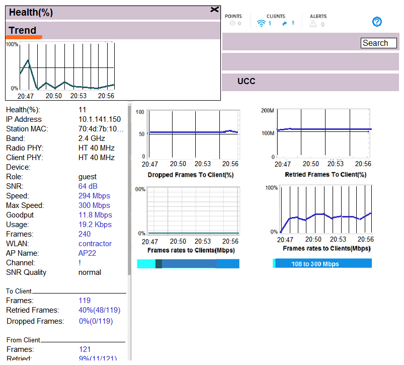 Refer to the exhibit.   A user's laptop only operates in the 2.4 GHz band and supports 802.11n. This user reports that the network is slow at the cafeteria that is serviced by three APs, and suggests that there might be a problem with the WLAN. The network administrator finds the user in the MM, and obrains the output shown in the exhibit. What should the network administrator do to optimize the client connection? A)  Disable lower transmit rates in the SSID profile. B)  Change the channel being used in the radio profile. C)  Reduce Min/Max channel bandwidth in the radio profile. D)  Reduce Min/Max EIRP in the ARM profile.