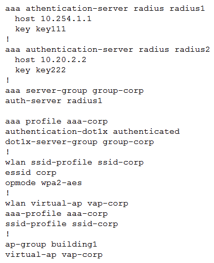 A point venture between two companies results in a fully functional WLAN Aruba solution. The network administrator uses the following script to integrate the WLAN solution with two radius servers, radius1 and radius2.   While all users authenticate with username@doaminname.com type of credentials, radius1 has user accounts without the domain name portion. Which additional configuration is required to authenticate corp1.com users with radius1 and corp2 users with radius2? A)  aaa authentication-server radius radius1 trim-fqdn ! aaa server-group-corp auth-server radius1 match-authstring corp1.com auth-server radius1 match-authstring corp2.com B)  auth-server radius1 match-fqdn corp1.com auth-server radius1 trim-fqdn auth-server radius2 match-fqdn corp2.com C)  aaa authentication-server tadius radius1 auth-server radius1 match-string corp1.com trim-fqdn auth-server radius1 match-string corp2.com D)  auth-server radius1 match-domain corp1.com auth-server radius1 match-domain corp2.com