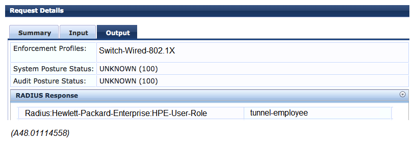 Refer to the exhibits. Exhibit 1   Exhibit 2   A network administrator deploys role-based tunneled node in a corporate network to unify the security policies enforcement. When users authenticate with 802.1X, ClearPass shows Accept results, and sends the HPE-User-Role attribute as expected. However, the switch always applies the denyall role. Why does the switch fail to allocate the tunnel-employee role? A)  Denyall is a secondary role contained within tunnel-employee. B)  The switch is not configured with primary tunneled-node user role. C)  The switch is not configured with secondary tunneled-node user role. D)  RADIUS Access Accept messages time out in the switch.