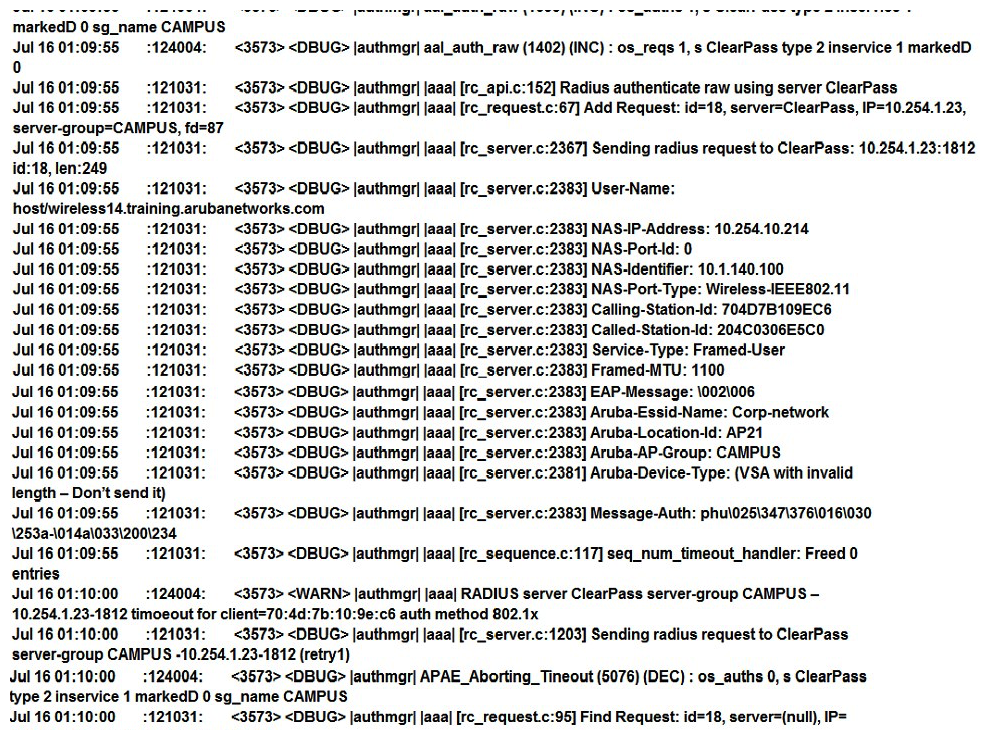 Refer to the exhibit.   A network administrator deploys a new WLAN named Corp-Network. The security suite is WPA2 with 802.1X. A new ClearPass server is used as the authentication server. Connection attempts to this WLAN are rejected, and no trace of the attempt is seen in the ClearPass Policy Manager Access Tracker. However, the network administrator is able to see the logs shown in the exhibit. What must the network administrator do to solve the problem? A)  Add the correct network device IP address in ClearPass. B)  Change the ClearPass server IP address in the MC. C)  Fix the RADIUS shared secret in the MC. D)  Disable machine authentication in the MC and client PC.