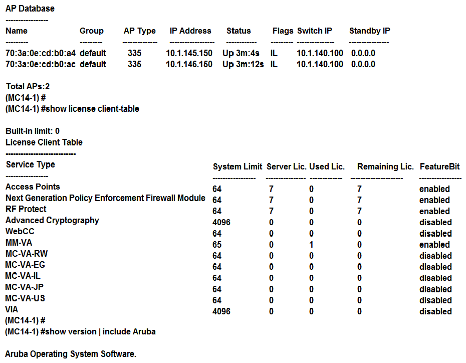 Refer to the exhibit.   A network engineer configures some VAPs in customer groups and creates a pool of licenses with enough units for seven APs. The network engineer deploys the first two APs, looks at the ap database, and notices the APs are inactive and experience licensing-related issues. Based on the show command outputs shown in the exhibit, what must the engineer do to solve the problem? A)  Allocate two more MM-VA licenses to the pool. B)  Allocate two more MC-VA-US  licenses to the pool. C)  Allocate seven more MM-VA licenses to the pool. D)  Allocate seven more MC-VA-US licenses to the pool.