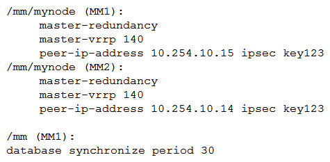 Refer to the exhibit.   After a recent power outage where MM1 is located, the network administrator could not perform configuration tasks on Mobility Controllers (MC)  for several hours. The network administrator decides to acquire another Mobility Master (MM)  and deploy L2 MM redundancy. The new MM is assigned the 10.254.10.15 IP address and VRRP is configured in both units. The network administrator verifies that VRRP is running, and prepares to complete the setup with the following scripts.   Which configuration tasks must the network administrator do before applying the script in order to successfully deploy L2 MM redundancy and prevent any other control plane outage? A)  Confirm that the VRRP and master redundancy keys are the same. B)  Change the VIP address of ther VRRP process 140 to 10.254.10.15. C)  Reduce the VRRP priority to 90 and restart the process in MM2. D)  Enable the MM database synchronization in MM2.
