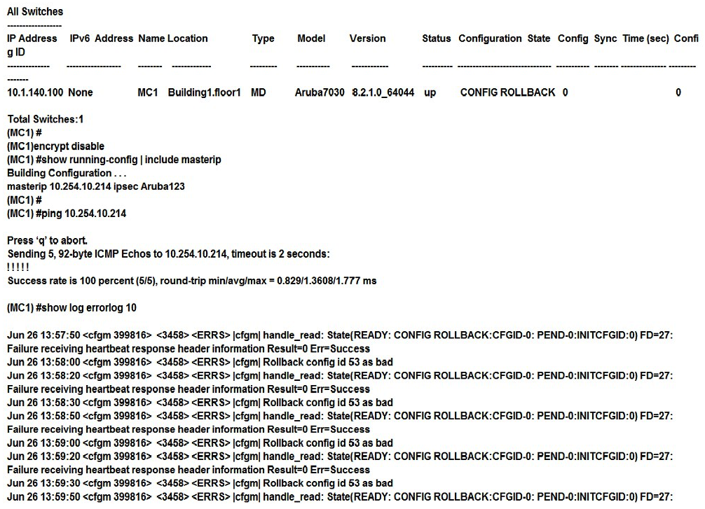 Refer to the exhibits. Exhibit 1   Exhibit 2   Exhibit 3   A network administrator deploys a Mobility Master (MM)  pair with the VRRP VIP equal to 10.254.10.214, and attempts to associate MC1 to it. At first, the integration appears to be successful. However after a few minutes the network administrator issues the show switches command and sees that the MC1 is down, even though the device is up and running. Every time the network administrator reboots the Mobility Controller (MC) , the MC shows as being up and then it shows as being down. The network administrator gathers the information shown in the exhibits. What should the network administrator do to resolve this problem? A)  Change the localip ipsec key to Aruba123 in the mynode device level from the MM, save, and reboot. B)  Enable disaster recovery mode in MC1 and change the masterip ipsec key to Aruba 123, save, and reboot. C)  Change the masterip ipsec key to Aruba123 in the device level from the MM, save, then reboot MC1. D)  Wipe out the configuration in MC1 and reboot, then run the full-setup configuration dialog all over again.