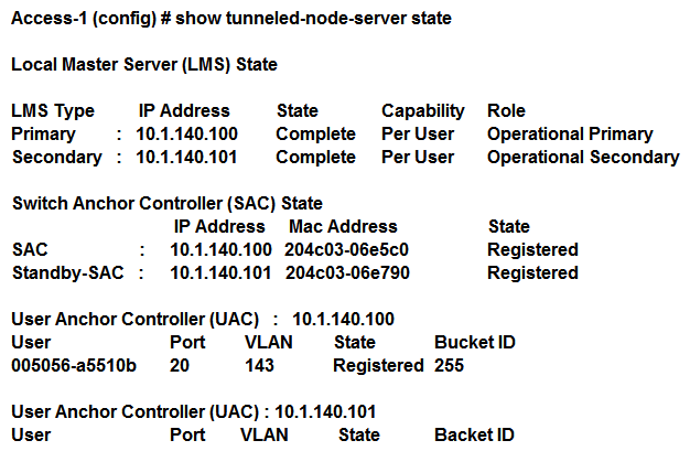 Refer to the exhibit.   Based on the output shown in the exhibitm with which Aruba devices has Access-1 established tunnels? A)  a pair of MCs within a cluster B)  a single standalone MC C)  a pair of MCs with APFF enabled D)  a pair of switches