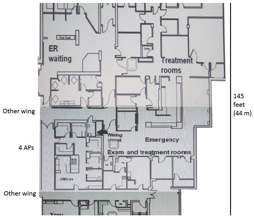 A hospital needs an upgrade to 802.11ac for its wireless network, which needs to provide complete coverage. The hospital has a concrete exterior and uses drywalls for all of the interior walls with a few exceptions as mandated for safety. The building has 10 foot (3m)  ceilings. The legacy APs were deployed in the hallway, but the customer is open to deploying APs in any room such as reception areas, patient rooms, operating rooms, treatment rooms, and lounges. The wireless network must support wireless medical devices, voice communicators for medical staff, laptops in nurse stations, medical staff tablets, and visitor and patient personal devices. All of these devices support both the 2.4GHz and 5GHz band. The exhibits below show one wing of one floor of the hospital. This wing is about 14,000 square feet (1300 sq. m) . This area has up to: 40 concurrent patients and visitors, who might have up to two devices 40 concurrent staff members, who might have up to three devices About 100 medical and other types of wireless devices Several of these wireless medical devices are in the X-ray and X-ray control rooms. The architect has already planned to place APs in stairwells on another floor. Which AP plan for this wing of this floor meets the customer needs? A)    B)    C)    D)   