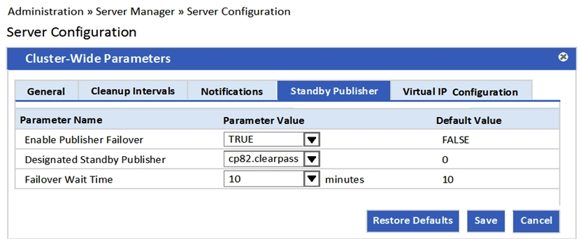 Refer to the exhibit.   Which statement accurately describes the cp82 ClearPass node? (Choose two.)  A)  It stays as a Subscriber when the Publisher fails. B)  It becomes the Publisher when the primary Publisher fails. C)  It operates as a Publisher in a separate cluster when the Publisher is active. D)  It operates as a Publisher in the same cluster as the primary Publisher when the primary is active. E)  It operates as a Subscriber when the Publisher is active.