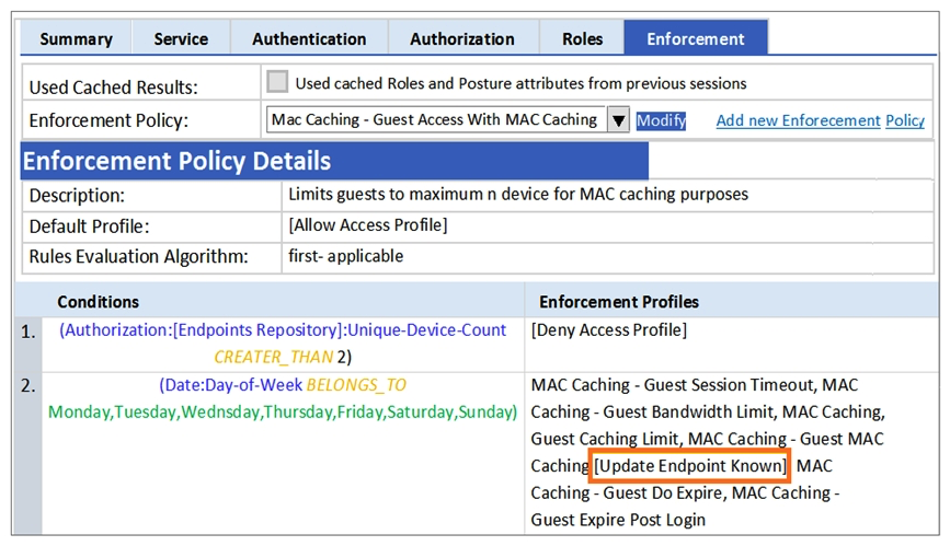 <strong>Refer to the exhibit.   A guest to the Guest SSID and authenticates successfully using the guest php web login page. Based on the MAC Caching service information shown, which statement about the guest's MAC address is accurate?</strong> A) It will be visible in the Guest User Repository with Unknown Status. B) It will be deleted from the Endpoints tables. C) It will be visible in the Guest User Repository with Known Status. D) It will be visible in the Endpoints table with Unknown Status. E) It will be visible in the Endpoints table with Known Status. <div style=padding-top: 35px> 