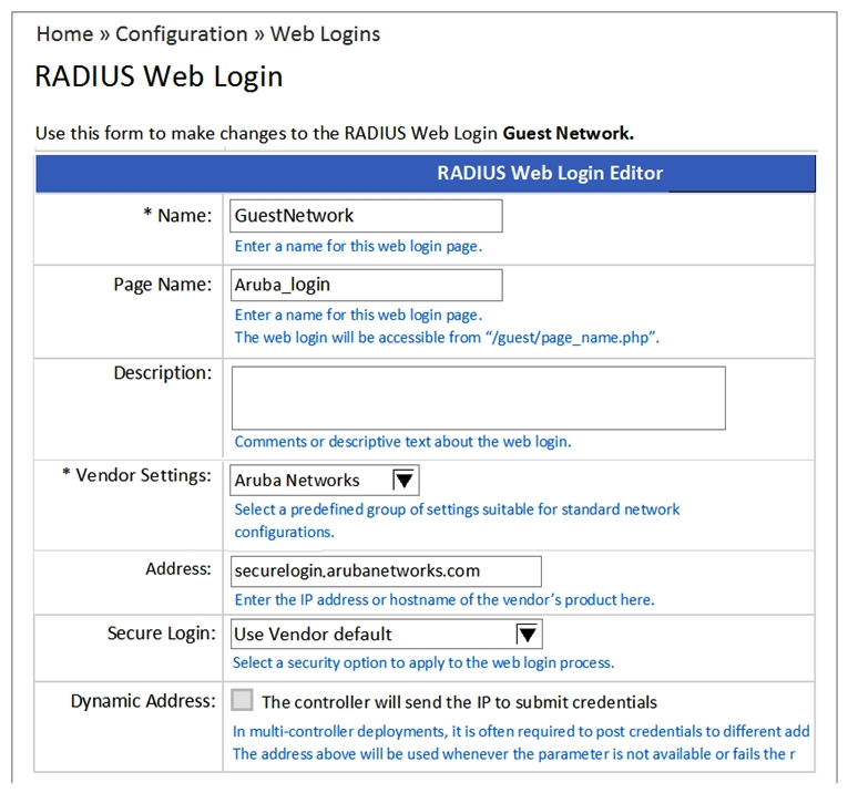 Refer to the exhibit.   When configuring a Web Login Page in ClearPass Guest, the information shown is displayed. What is the Address field value 'securelogin.arubanetworks.com' used for? A)  For the client to POST the user credentials to the NAD. B)  For ClearPass to send a RADIUS request to the NAD. C)  For ClearPass to send a TACACS+ request to the NAD. D)  For appending to the Web Login URL, after the page name. E)  For appending to the Web Login URL, before the page name.